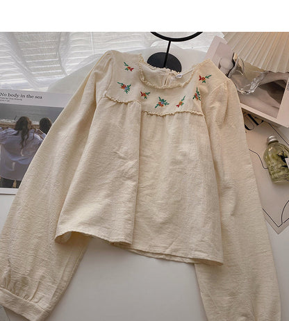 Korean design embroidered Square Neck slim long sleeved baby shirt  6292