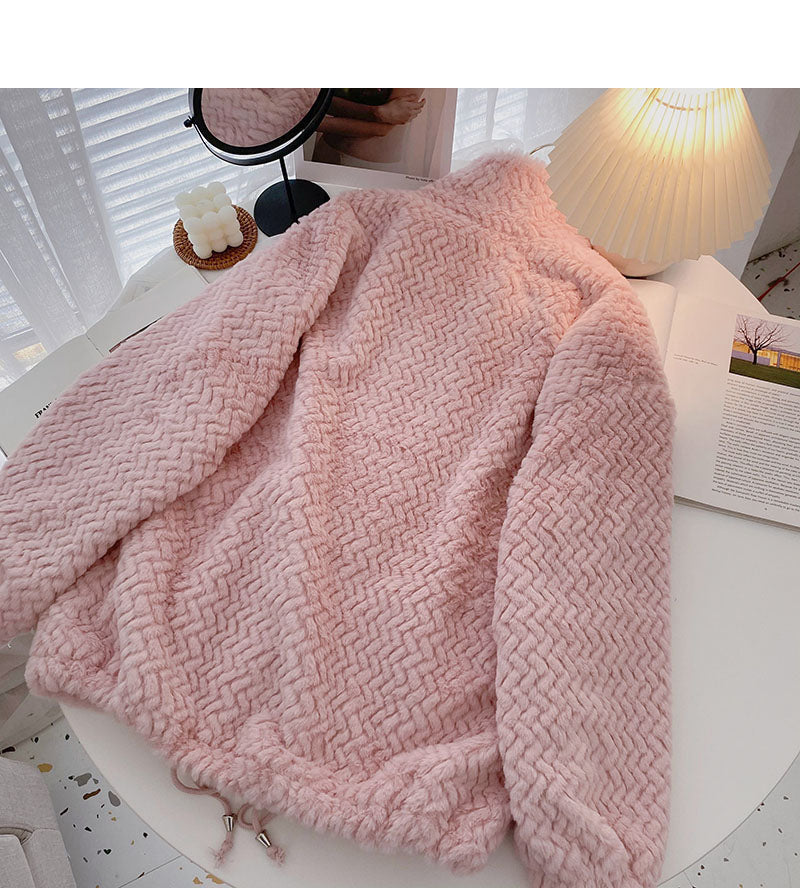 Loose Plush coat with drawcord design and stand collar warm top  6223