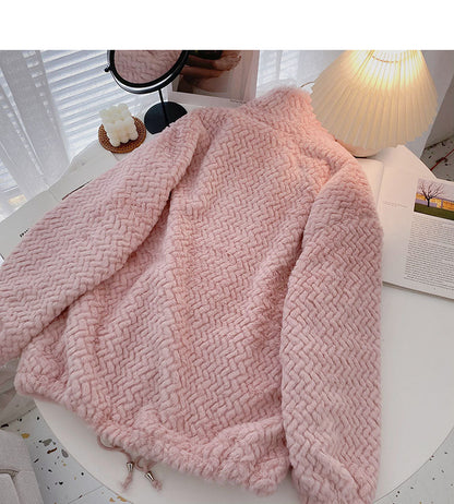 Loose Plush coat with drawcord design and stand collar warm top  6223