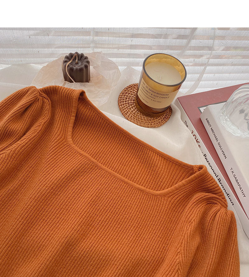 Simple solid color square neck long sleeve short top  6679