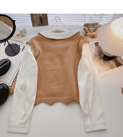 Long sleeve stitching design sense sweater gentle blouse  6499