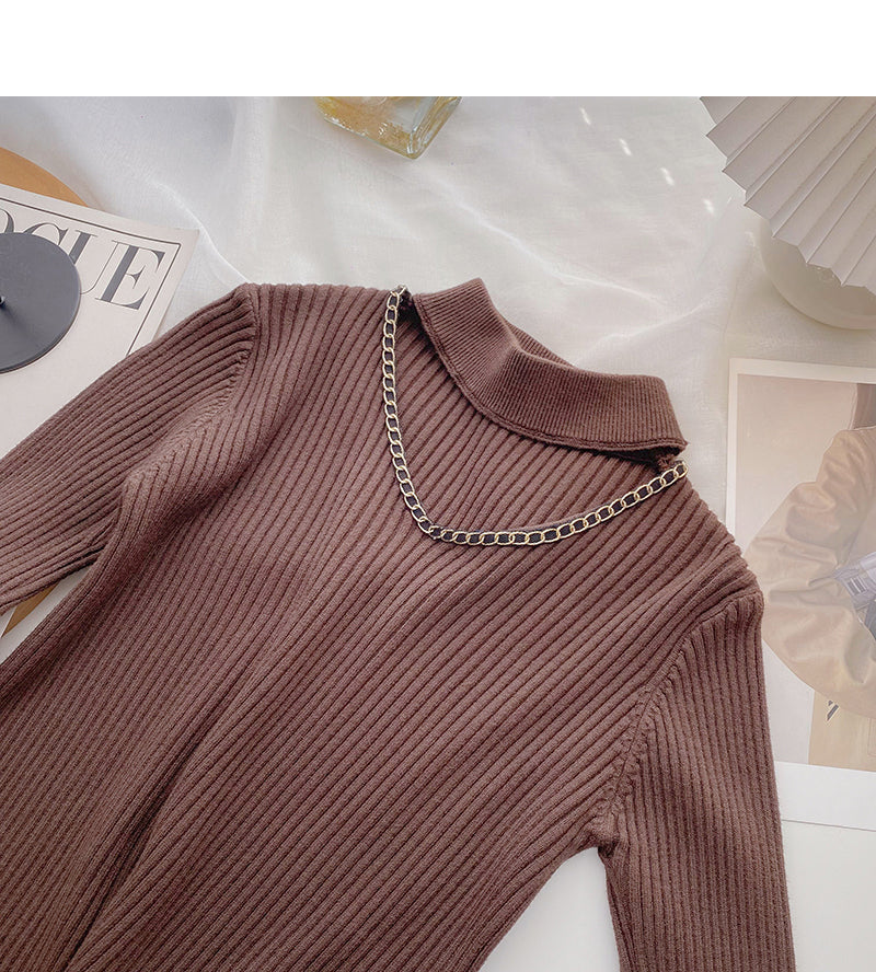 Design sense knitwear stand collar chain long sleeve top  6689