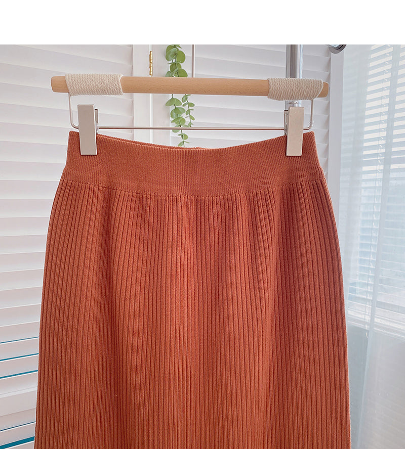 Korean casual solid color simple high waist split A-line skirt  5801