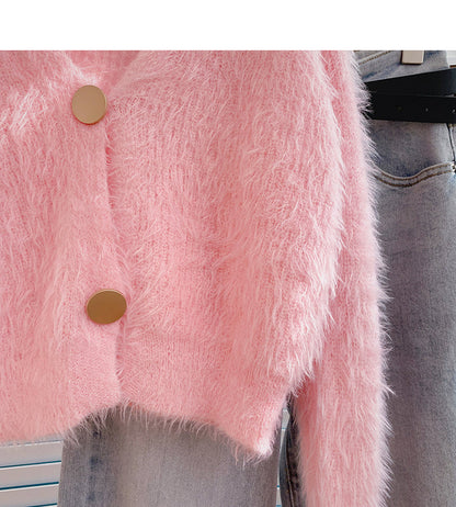 Mohair sweater solid V-neck short long sleeve top  6063