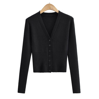 V-neck knitted cardigan slim single breasted short sweater coat  7451