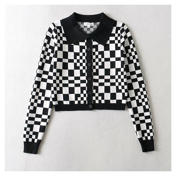 Checkerboard Plaid Polo neck sweater short sweater cardigan jacket  7357