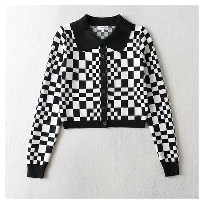 Checkerboard Plaid Polo neck sweater short sweater cardigan jacket  7357