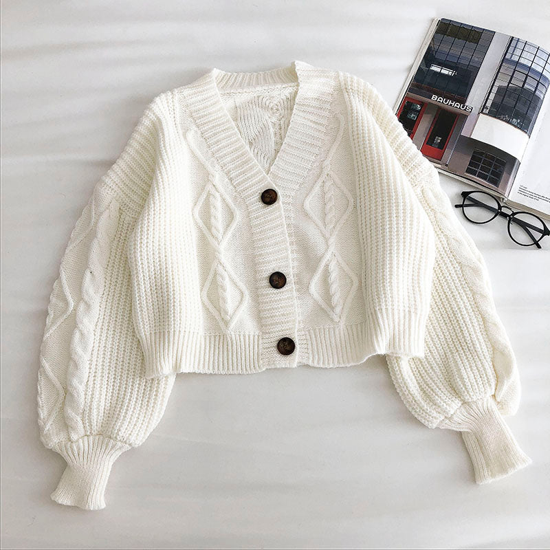 Loose coat women's long sleeve retro three button sweater  5836