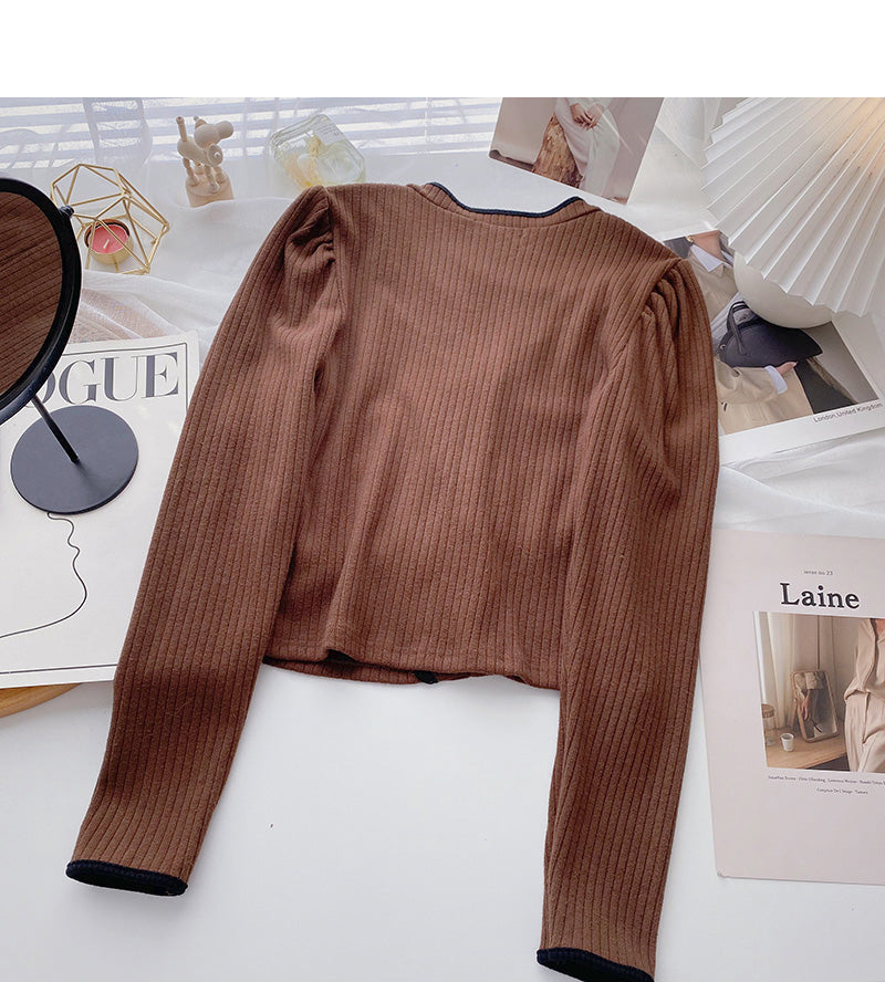 French small square neck sweater long sleeve color matching top  6695