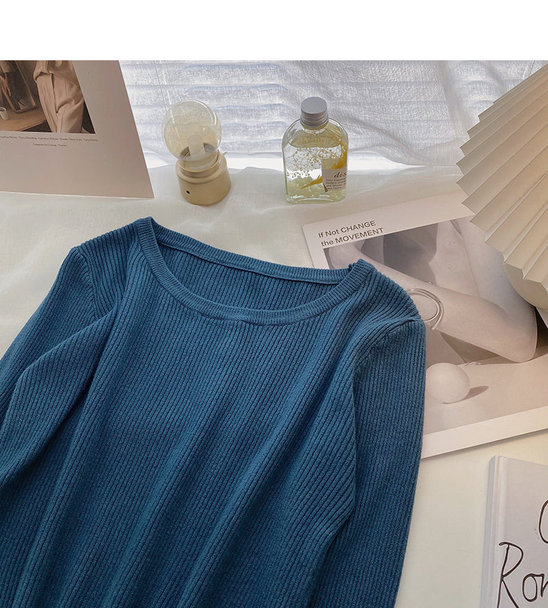 Solid color basic sweater women's long sleeve top bottomed shirt  6638