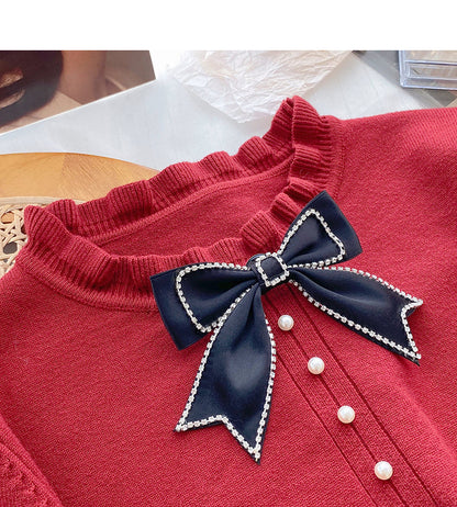 Korean bow round neck design retro nail bead Lace Long Sleeve Top  6038