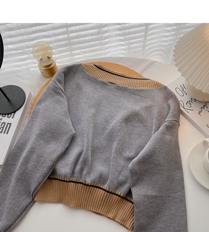Long sleeve T-shirt retro contrast V-neck short temperament top  6551