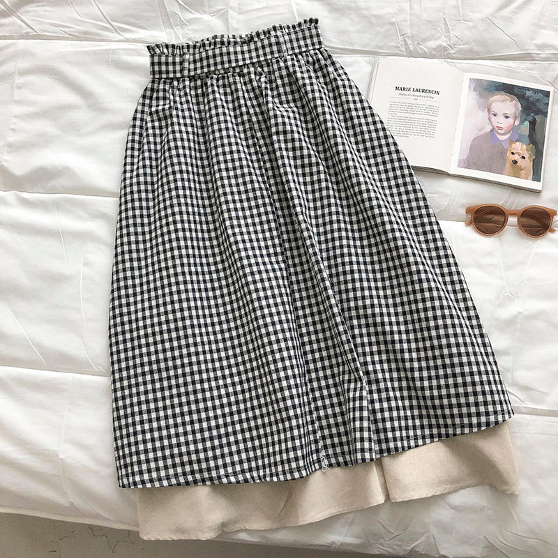 Retro literary small Plaid stitching design bow high waist skirt  5676