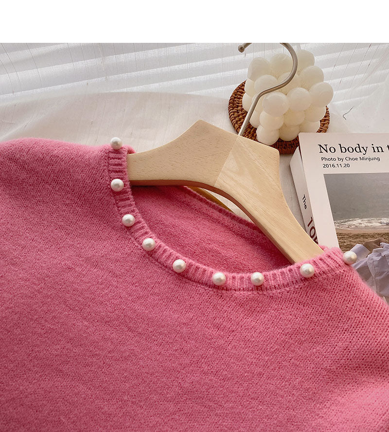 Vintage Design nail bead crew neck loose sweater fashion  6579
