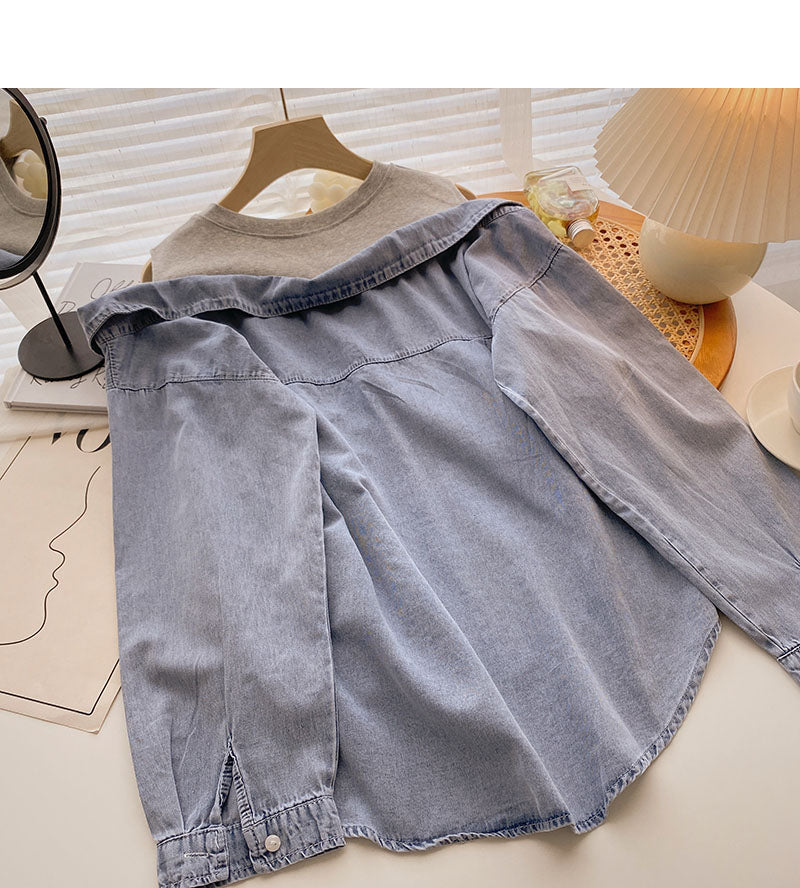 Vintage washed denim shirt women's Korean loose top  6288