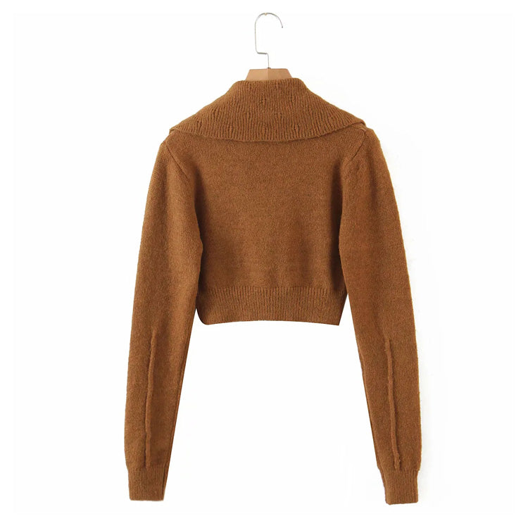 Vintage large lapel high waist short long sleeve knitted cardigan  7158