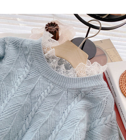 Vintage Lace Edge long sleeve Pullover thin loose top  6094