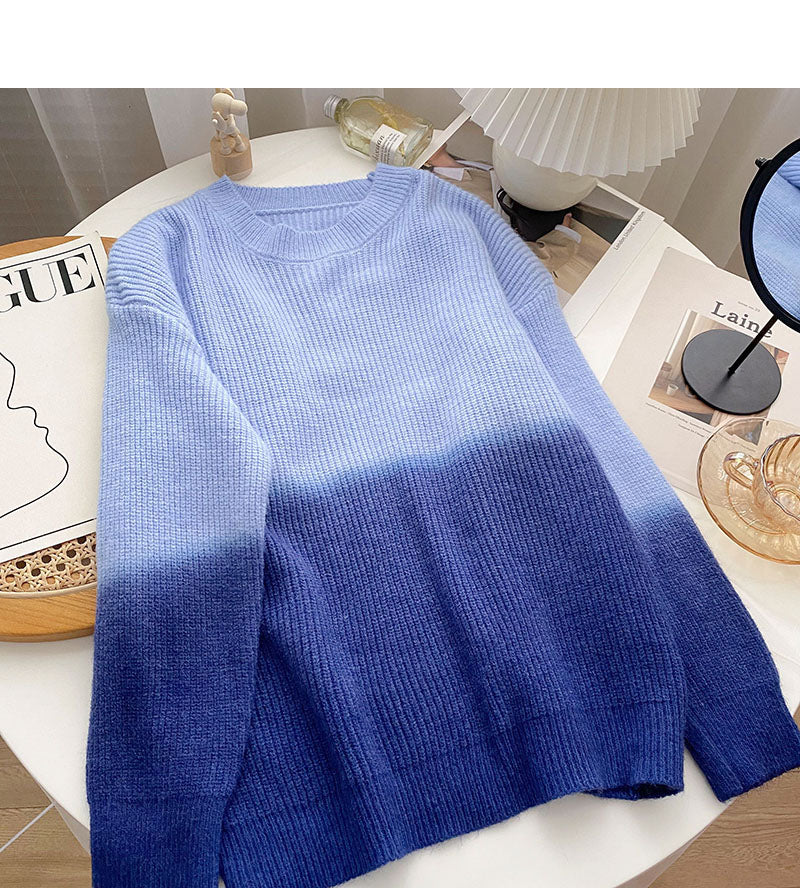 Niche design personalized gradient knitted long sleeve Pullover loose top  6035