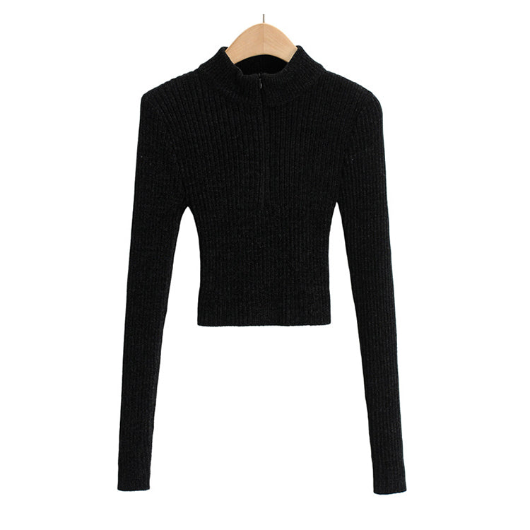 Solid color half high neck zipper design sweater  7332