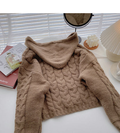 Niche design hooded Pullover long sleeve short knit top  5854