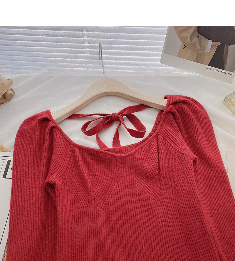 Large round neck leaky clavicle sweater bandage long sleeve top  6611