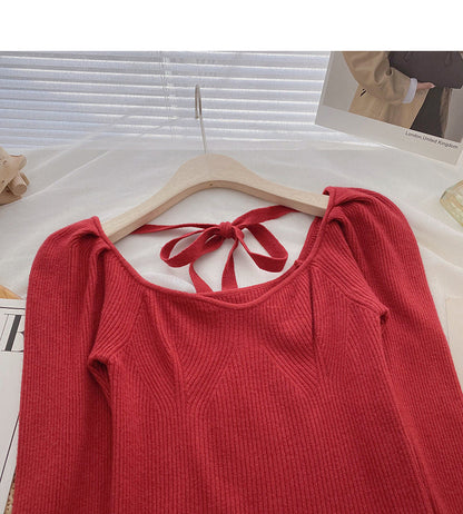 Large round neck leaky clavicle sweater bandage long sleeve top  6611