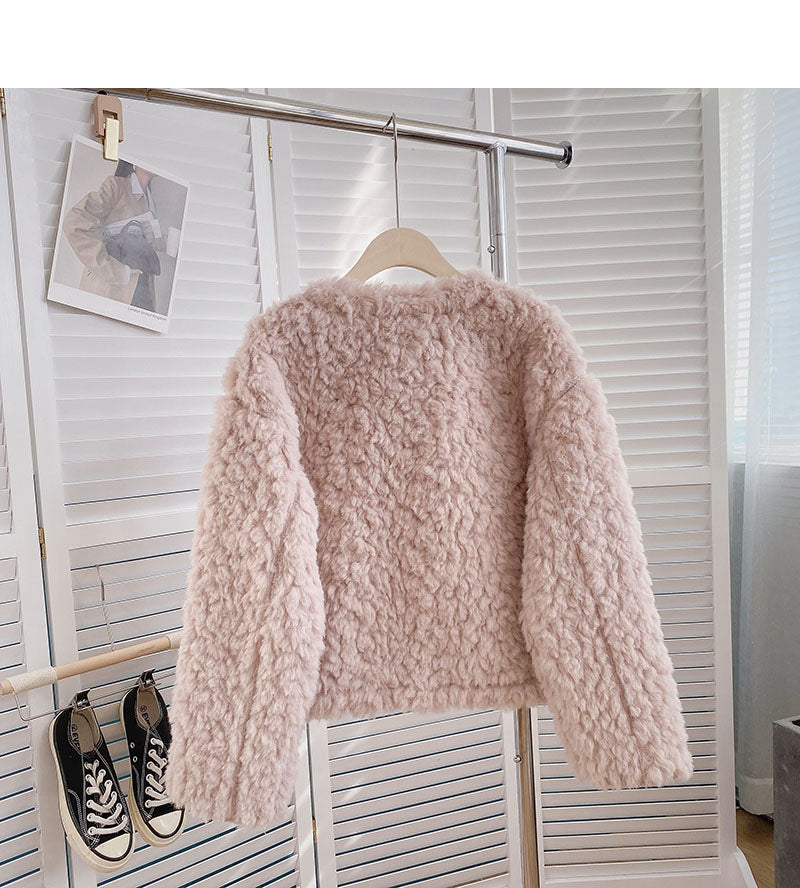 Lamb down coat aging loose tie long sleeve top  6225