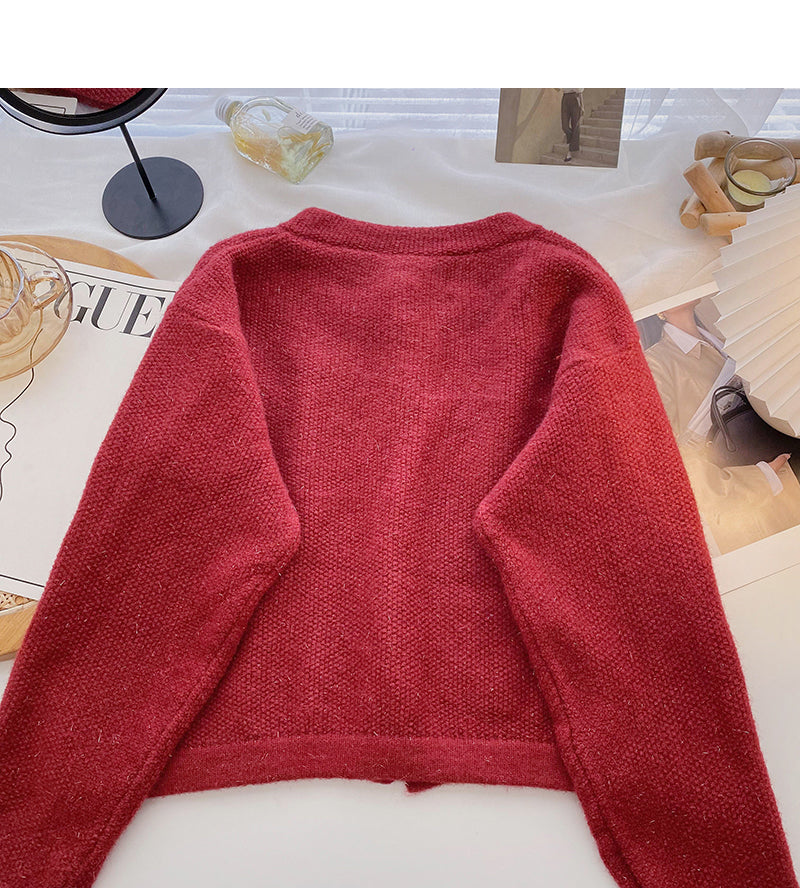 Solid gold round neck sweater small fragrance single breasted top  6166
