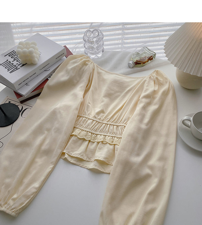 Fashion Lace Panel short long sleeve square neck top  6293