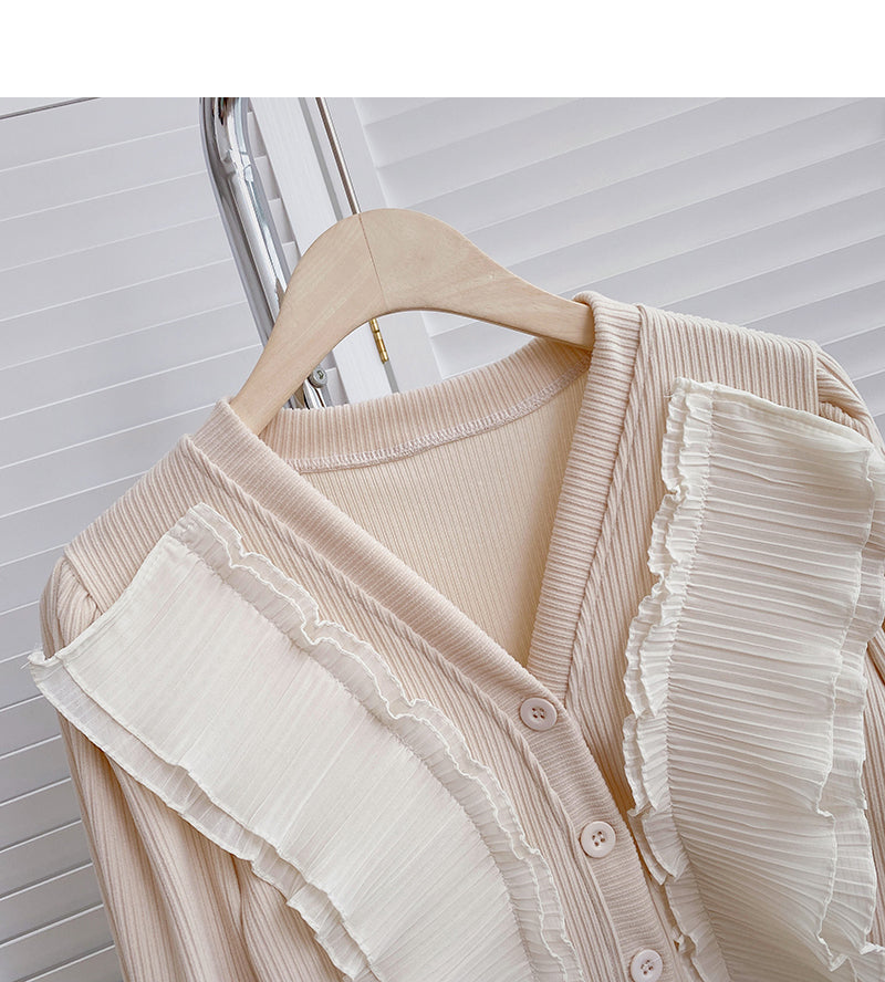 Crimped lace V-neck Vintage shirt cardigan  6408
