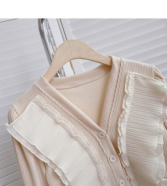 Crimped lace V-neck Vintage shirt cardigan  6408
