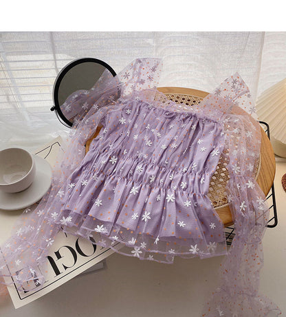 Gauze floral long sleeve square neck slim short blouse  6261