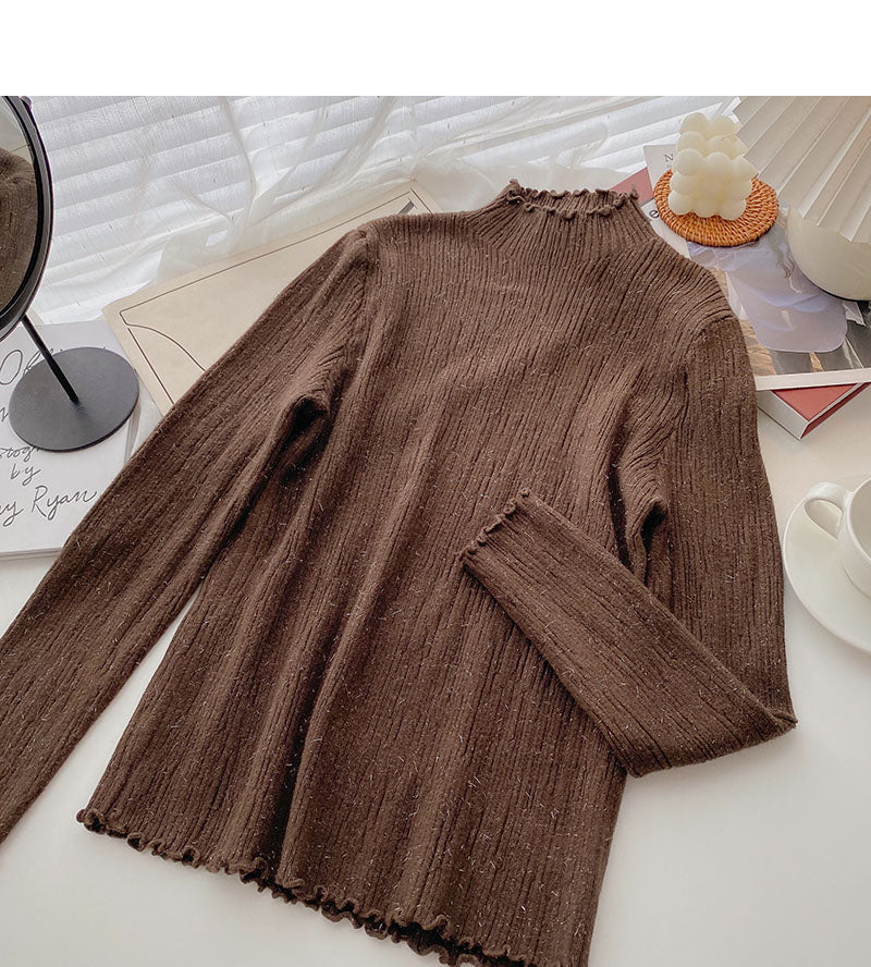 Korean stand collar long sleeve design slim fit bright silk sweater  6664