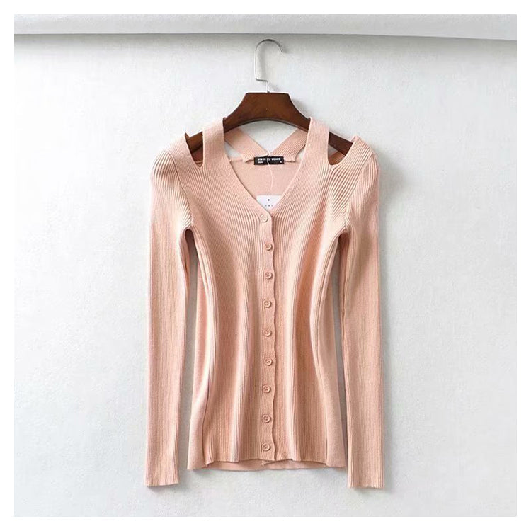 Versatile leaky shoulder V Neck Long Sleeve Sweater Cardigan top  7273