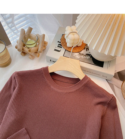 Knit bottomed shirt slim fit short versatile casual long sleeve top  6619