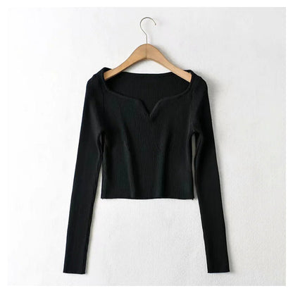 Versatile drip collar slim long sleeve short knit bottomed shirt   7314