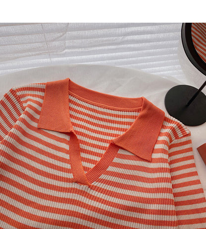T-shirt Lapel stripe contrast color shows thin slim top fashion  6538