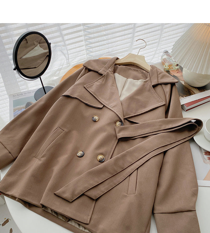 Suit collar windbreaker coat Long Sleeve loose top with belt  6218