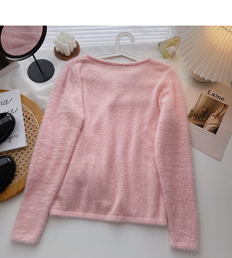 Imitation mink sweater niche V-neck drawstring slim top  6577