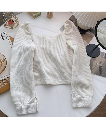 Korean irregular cross short slim long sleeve collarbone leakage top  6345