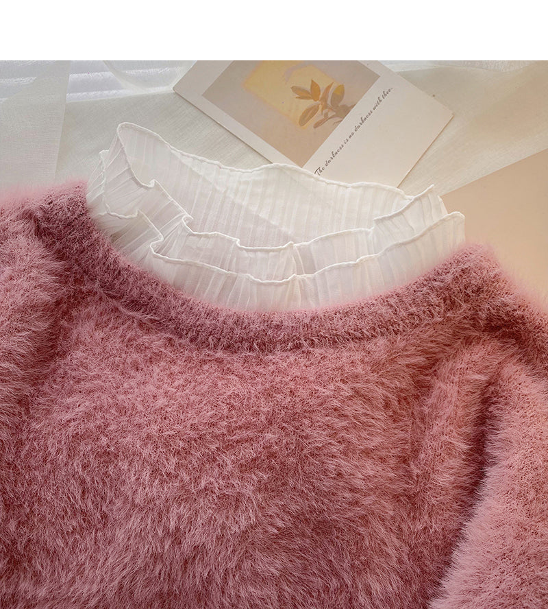 Lace edge stand collar Pullover long sleeve mohair sweater  5973