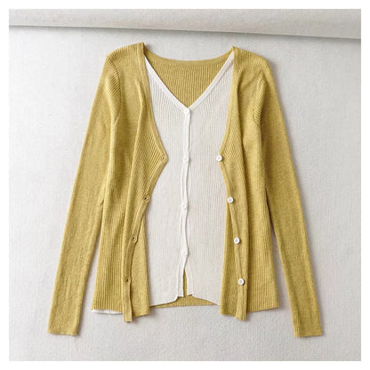 V-neck breasted color contrast fake two slim knit Cardigans  7471
