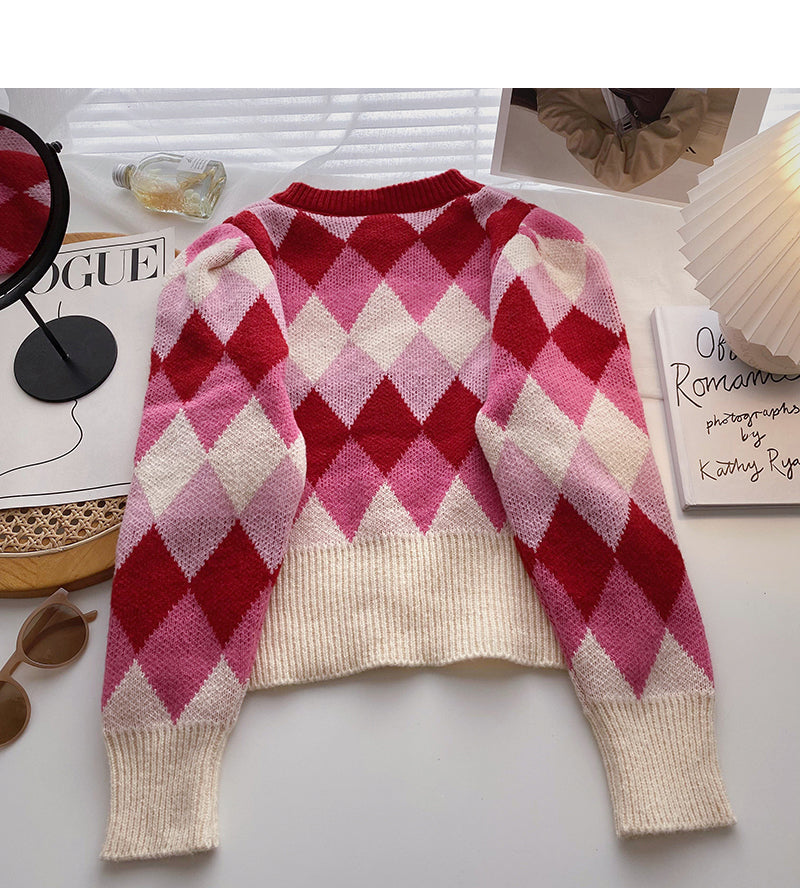 Lingge contrast color sweet retro long sleeved sweater  6206