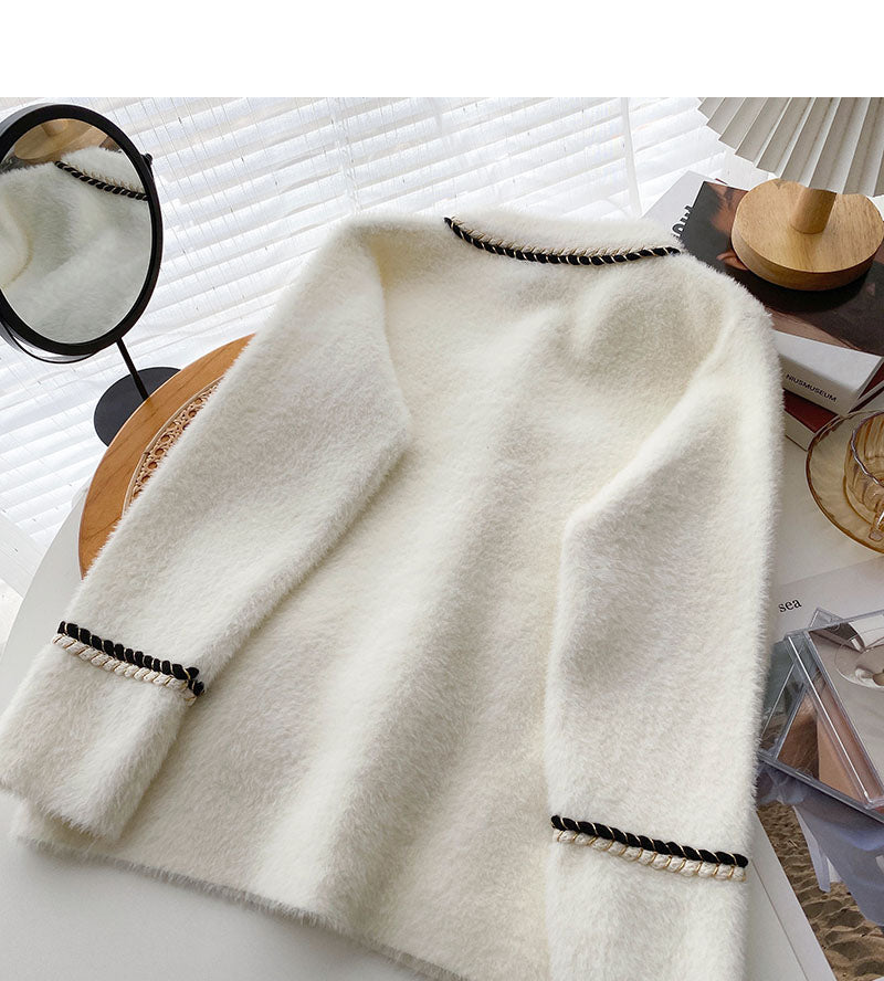Small fragrance twist color matching long sleeve loose top  6096