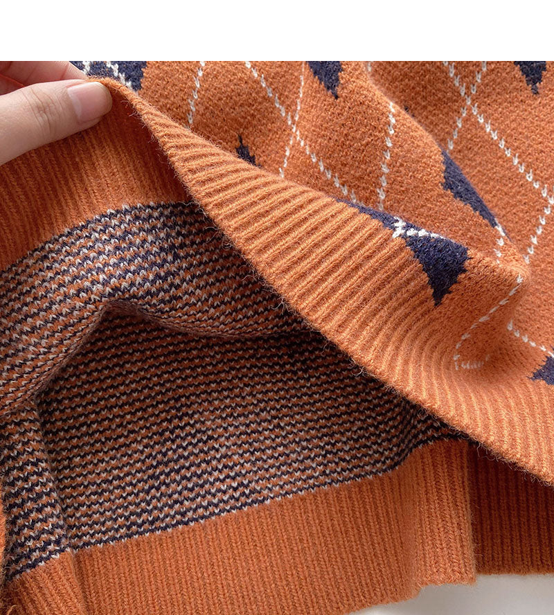 Lapel Pullover design rhombic contrast top  6124