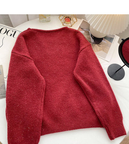 Niche design personalized V-neck bright silk long sleeve Pullover Top  6047