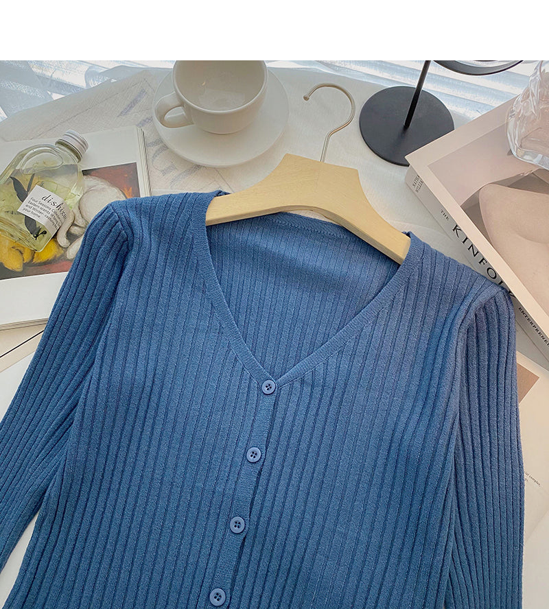 Knitted cardigan women's fashion versatile V-Neck long sleeve top  6558