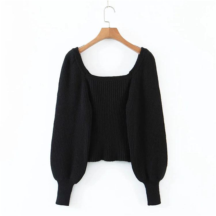 Square neck French collarbone exposed minority Lantern Sleeve Top  7216