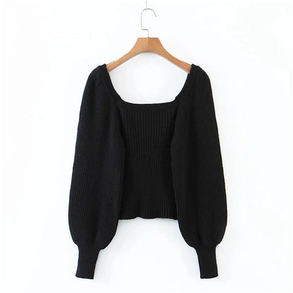 Square neck French collarbone exposed minority Lantern Sleeve Top  7216