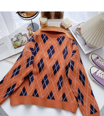 Lapel Pullover design rhombic contrast top  6124